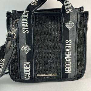 Steve Madden BWEBBER Black Straw Woven Mini Tote Crossbody Bag Logo Strap Pouch